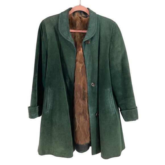 N/A Jackets & Blazers - Women’s Large Vintage Forest Green Suede Coat W/ Genuine Fur Lining